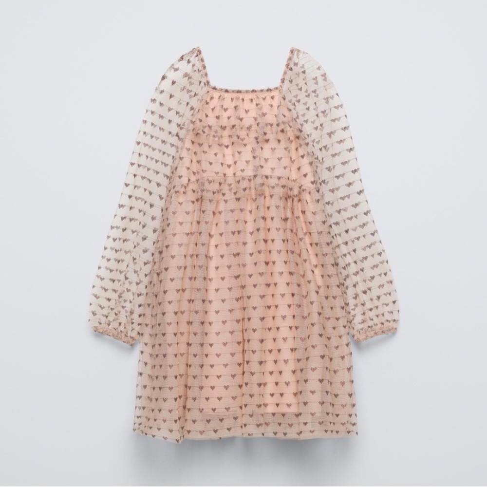 Zara Girls Heart Print Tulle Dress Size 6 Long Sleeve Party Dress